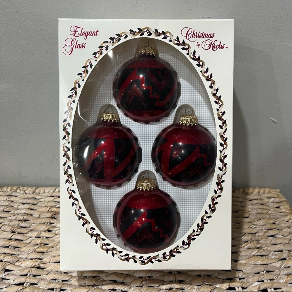 Christmas by Krebs ornaments Set Of 4 red black Aztec Glass Vintage Holiday‎ Box